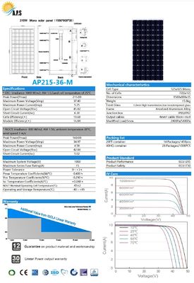 Solar Power Panel Solar Kit, Solar Panel 36V 72 Cell 125x125 Mono 190W,195W,200W,205W,210W,215W Monocrystalline Module