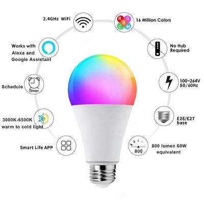 Alexa And Google Home Amazon Hot Sale OEM ODM Led Bulbs Wholesale Wifi Light Bulb 9W WiFi Smart LED Bulb Lights RGB Lamp