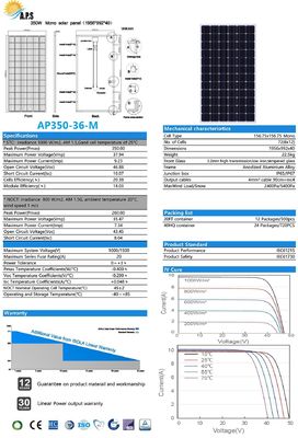 Solar Monocrystalline Module 36V 72 Cell  Mono, 350W,355W,360W, Solar Photovoltaic Panel, solar aluminum frame
