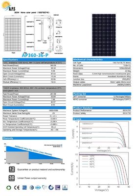 Solar Monocrystalline Module 36V 72 Cell  Mono, 350W,355W,360W, Solar Photovoltaic Panel, solar aluminum frame